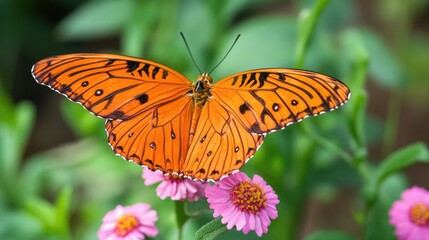 Obraz premium Vibrant orange butterfly perched on pink flowers in a lush green garden setting perfect for nature-themed backgrounds