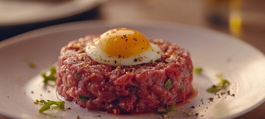 Steak tartare with a fried egg on top, gourmet food photography