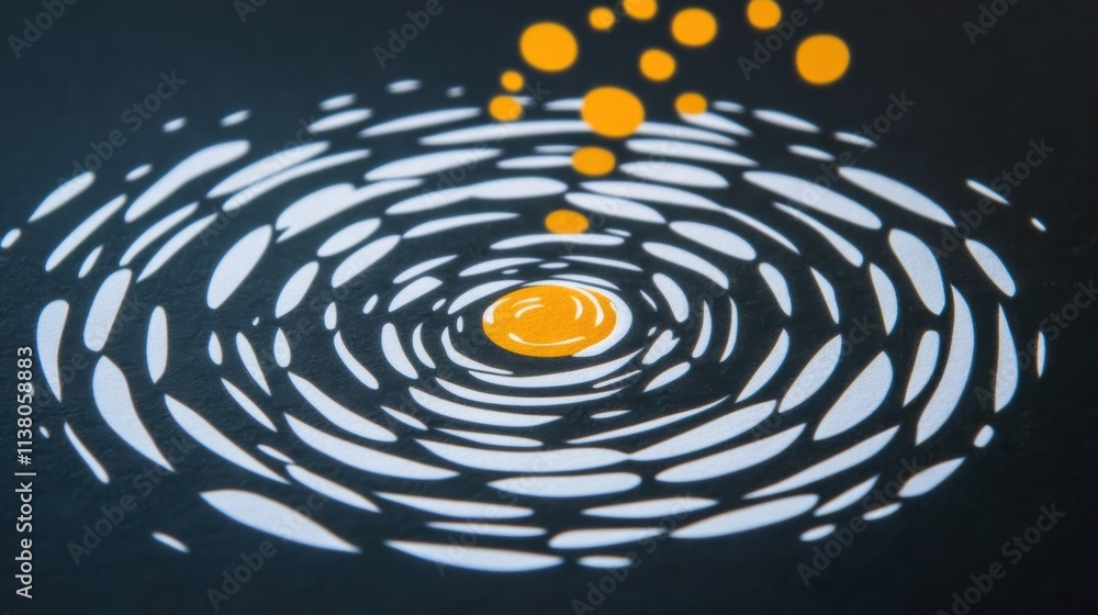 Poster abstract swirl pattern with orange dots creating a mesmerizing visual effect on a dark background.