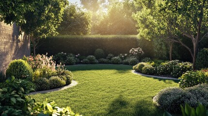 Obraz premium Spring garden landscape design featuring a lush green lawn surrounded by a variety of tall and short shrubs and blooming flowers.