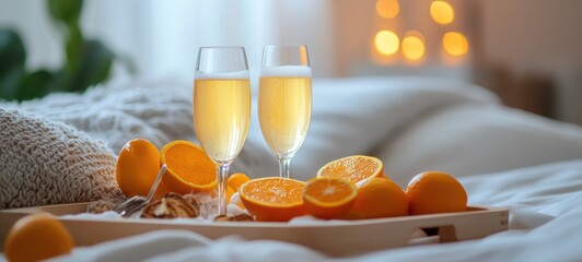 Romantic Breakfast in Bed: Two Glasses of Sparkling Orange Juice with Fresh Oranges on a Wooden Tray