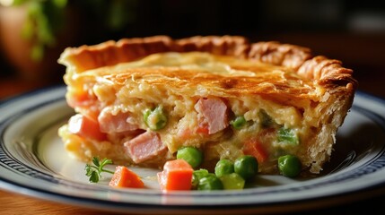 Delicious homemade omelet pie with ham and vegetables served on a rustic plate perfect for breakfast or brunch meals