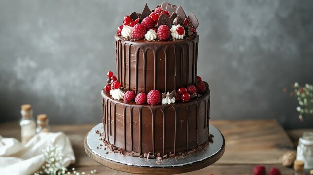 Three tier elegant chocolate cake adorned with fresh raspberries and chocolate decor on a rustic wooden table.