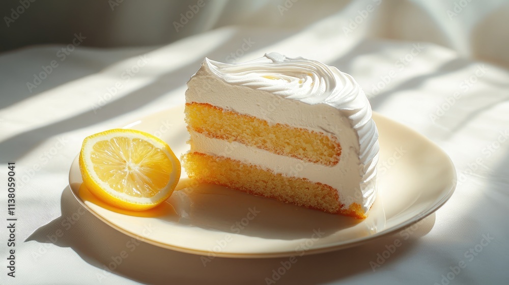 Poster lemon meringue cake slice on a plate with fresh lemon garnishing and soft natural light creating a w