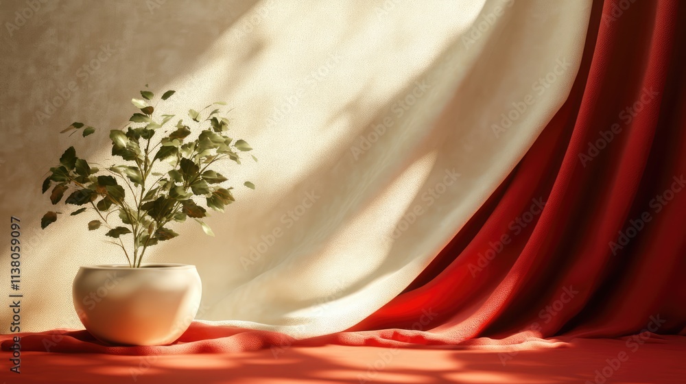 Poster elegant draped tablecloth with soft lighting and a decorative plant in a minimalist setting creating