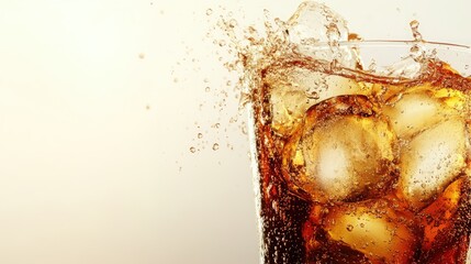 Refreshing beverage splash with ice cubes against a soft light background ideal for beverage advertising or promotion with ample copy space