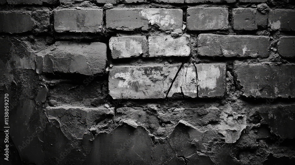Poster textured background of an old broken brick wall showing cracks and weathered layers in black and whi
