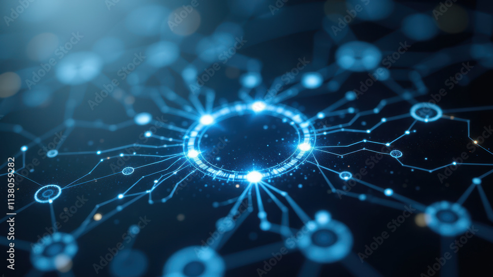 Aufkleber a digital illustration of a cloud-based network with a central node highlighted by blue light, symbo
