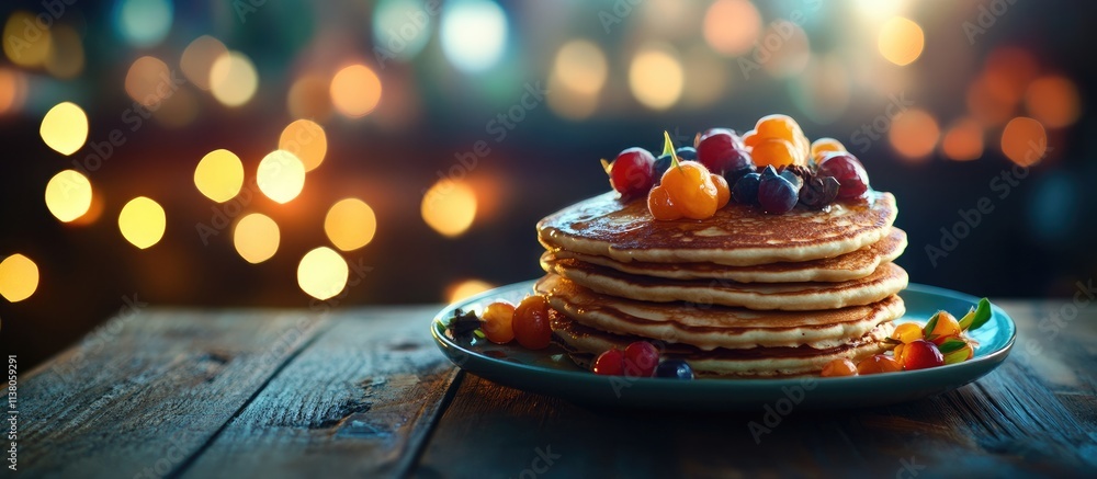 Poster delicious stack of pancakes topped with fresh fruits on a rustic table illuminated by colorful bokeh