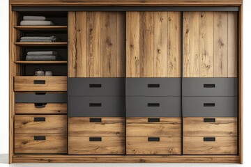 Fototapeta premium Modern wooden wardrobe with sliding doors, shelves, and drawers.