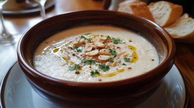 Ajo blanco traditional cold almond and garlic soup drizzled with olive oil and garnished with bread and herbs