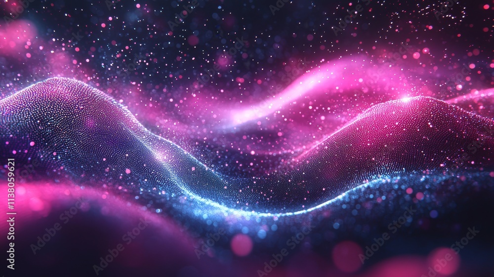 Poster an abstract digital data background featuring a wave with moving dots, representing a musical stream
