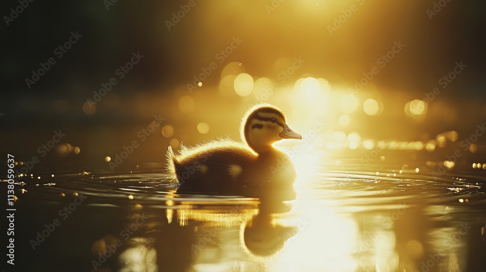Poster charming duckling swimming in a tranquil lake illuminated by warm backlight creating a serene and en