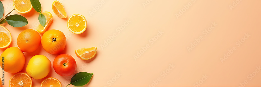 Poster colorful orange fruits are arranged on a soft pastel background in a visually appealing composition 