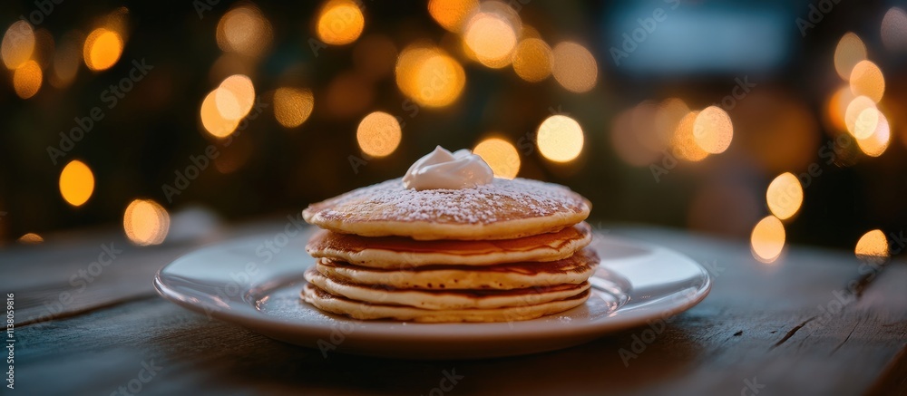 Poster freshly made pancakes on a rustic wooden table with vibrant bokeh lights in the background creating 