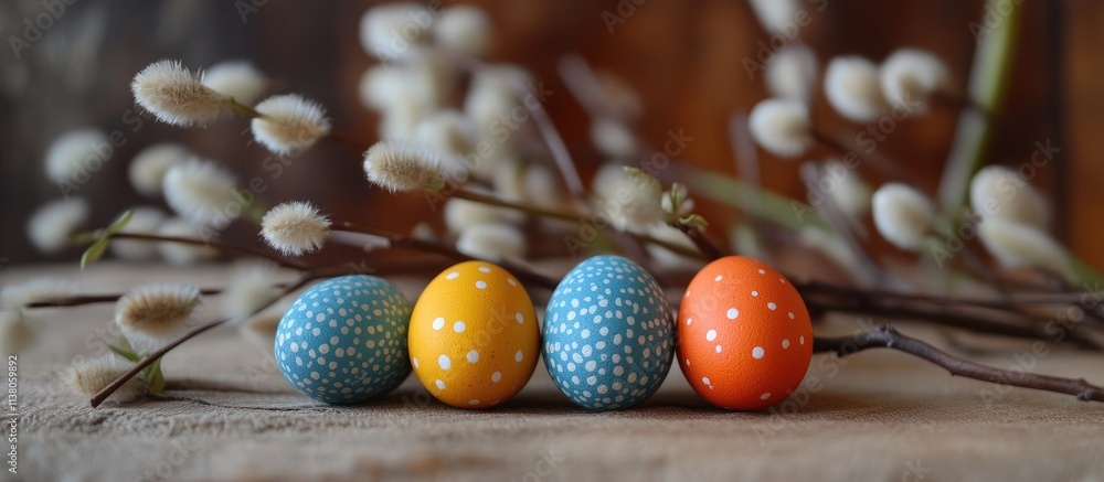 Poster colorful decorative easter eggs arranged on a rustic wooden surface with twigs and soft foliage in a