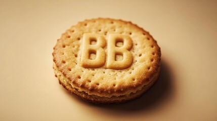 Golden biscuit with embossed letters BB on a neutral background showcasing a delicious snack concept.