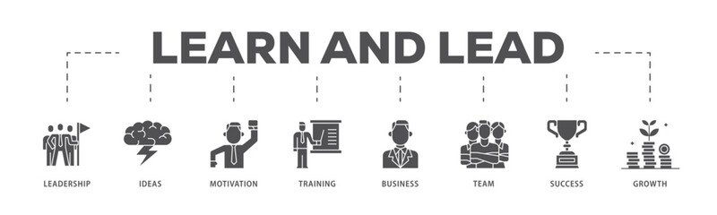 Learn and lead infographic icon flow process which consists of leadership, ideas, motivation, training, business, team, success, and growth icon live stroke and easy to edit .