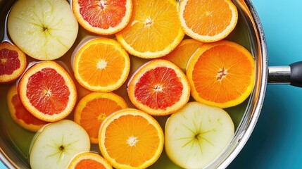 Fototapeta premium Fresh fruit slices of apples oranges and tangerines infused in an alcoholic drink in a saucepan on a vibrant blue background