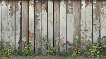 Peeled Weathered Wooden Fence Background with Overgrown Grass and Texture Details