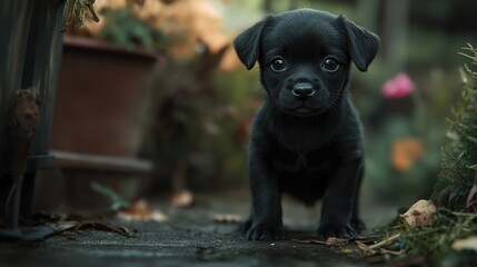 Adorable black puppy exploring garden surrounded by flowers encouraging dog adoption and companionship