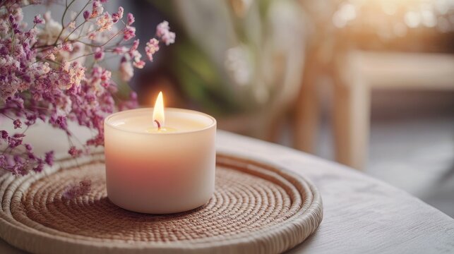 Cozy glowing candle surrounded by dried flowers on a woven mat creating a warm and inviting atmosphere in a softly lit space