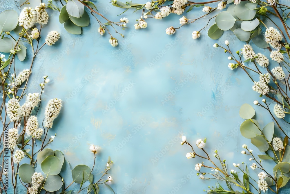 Poster a spring flower frame on a blue background with copy space, designed as a flat lay mock-up.