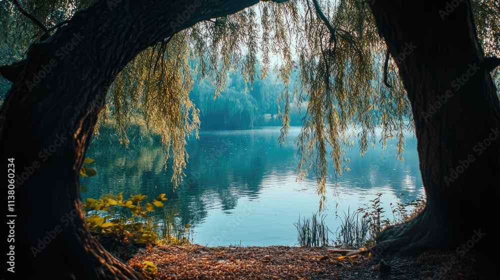 Poster scenic view of a serene lake framed by the branches of an old willow tree creating a natural archway