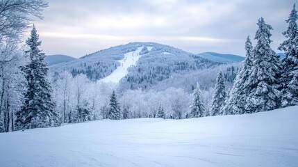 Fototapeta premium Serene winter landscape showcasing snow-covered mountain slopes and serene trees under a cloudy sky