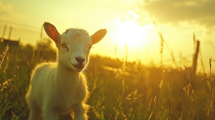 Obraz premium Playful baby goat in a sunlit farm pasture surrounded by tall grass against a backdrop of a vibrant sunset.