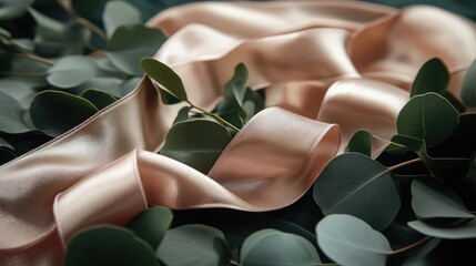 Eucalyptus leaves with soft satin ribbon creating a stylish backdrop for elegant design mockups and promotional materials