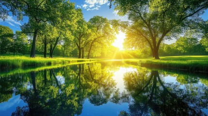 Fototapeta premium Serene summer landscape with sunlight illuminating trees by a calm river reflecting the clear blue sky and vibrant greenery.