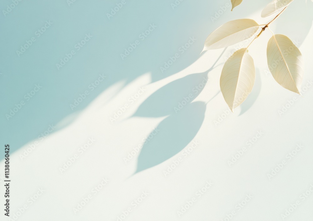Poster ethereal leaf shadows on white background with soft light patterns