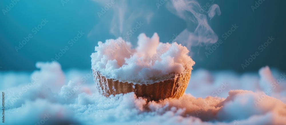 Poster hot cocoa decoration surrounded by fluffy artificial snow creating a cozy winter atmosphere with ste