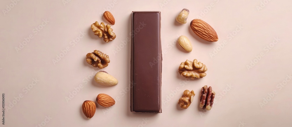 Poster chocolate bar surrounded by assorted nuts and boiled condensed milk on a light background top view c