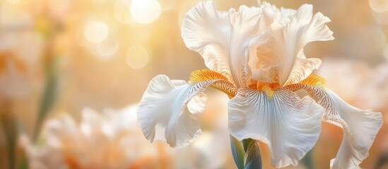 Obraz premium Elegant beige iris flower in a sunlit garden showcasing delicate petals and soft colors for floral design inspiration