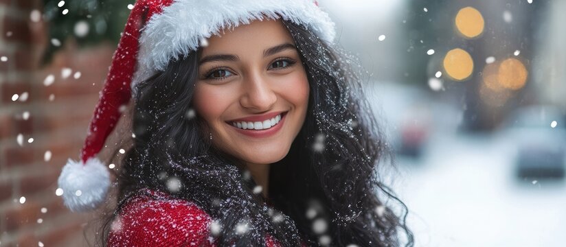 Joyful young woman in Santa Claus outfit enjoying a snowy Christmas ambiance with a festive smile and holiday spirit.