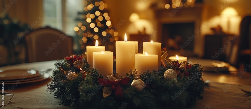 Aufkleber advent wreath with lit candles in a festive table setting showcasing an artificial tree and warm coz