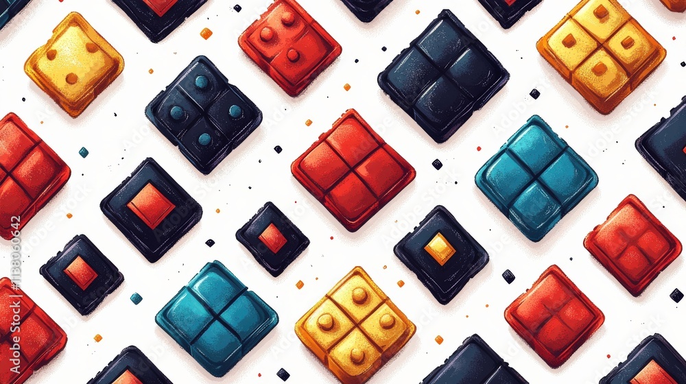 Poster colorful geometric shapes in a playful arrangement on a light background, featuring a variety of tex