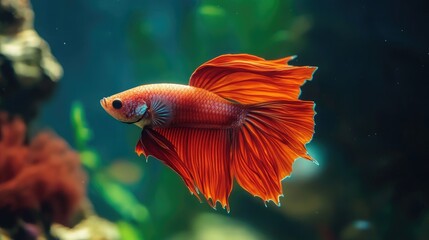 Obraz premium Vibrant betta fish gracefully swimming in a lush freshwater aquarium surrounded by colorful aquatic plants and serene waters.