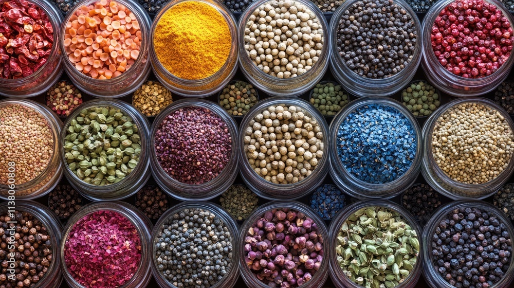 Poster colorful spice display in jars top view with vibrant hues and varieties creating a rich culinary bac