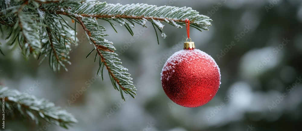 Poster red christmas ball hanging on a snowy fir tree branch creating a festive bokeh background with space