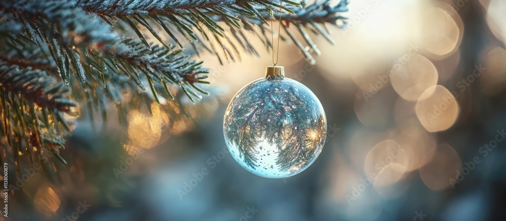 Aufkleber elegant christmas ornament hanging from a snowy fir branch with bokeh background creating a festive 