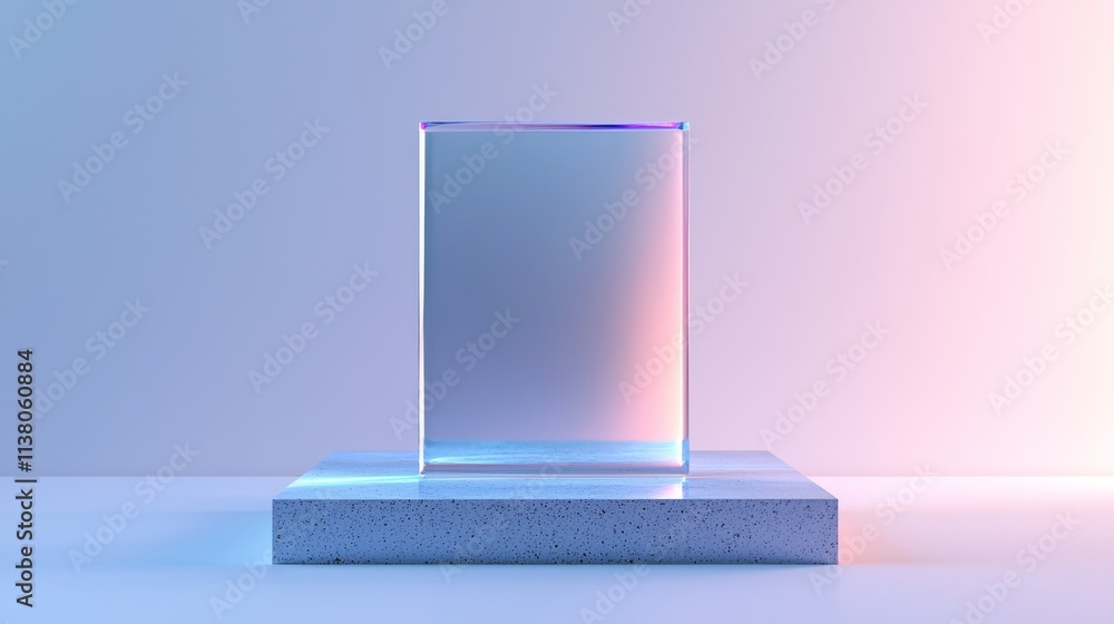 Poster abstract geometric background in 3d render, showcasing translucent glass with a gradient of violet, 