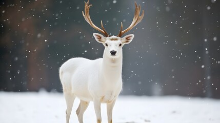 A majestic white deer with perfect antlers, and beautiful winter scenery