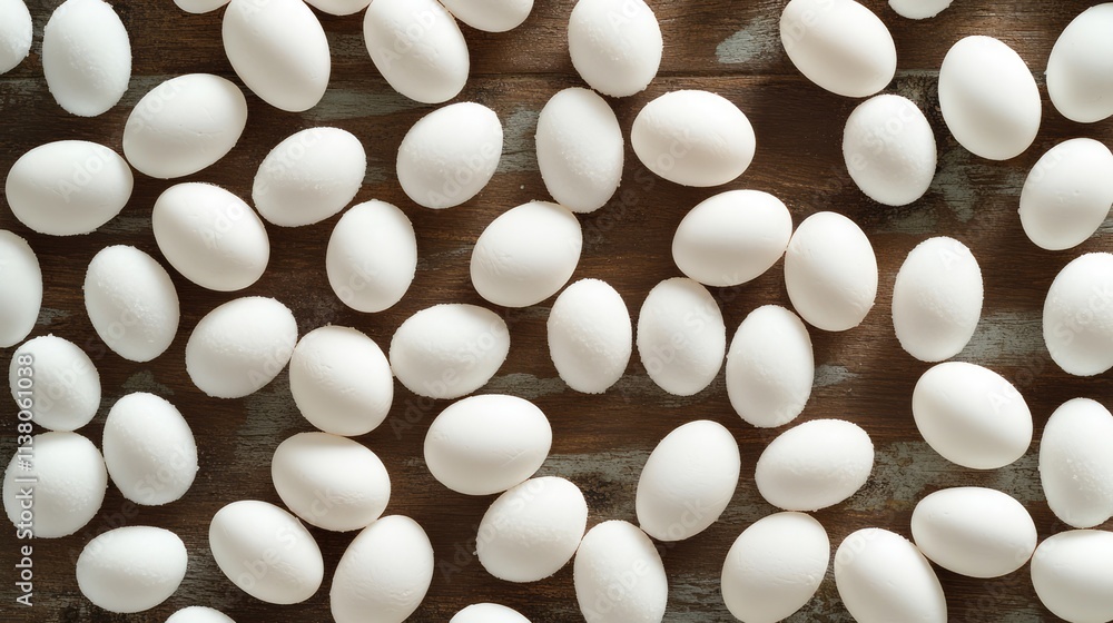 Poster background view of scattered white sugar-coated eggs on a rustic picnic table creating an inviting a