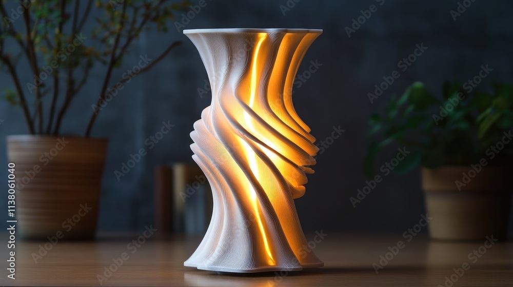 Poster innovative 3d printed lamp design with unique twisted shape and warm ambient light in modern home se