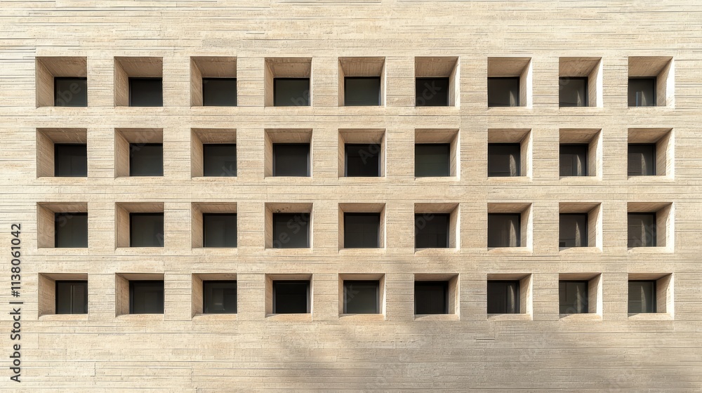 Poster beige brick facade with rows of dark windows showcasing modern architectural design and texture in u