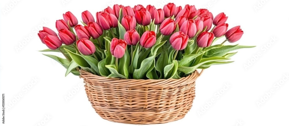 Poster red tulips in a square wicker basket with green leaves and empty space for personalized text or mess
