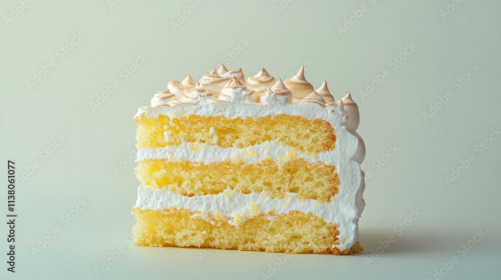 Poster lemon meringue cake slice showcasing layers of fluffy lemon filling and meringue topping on a neutra